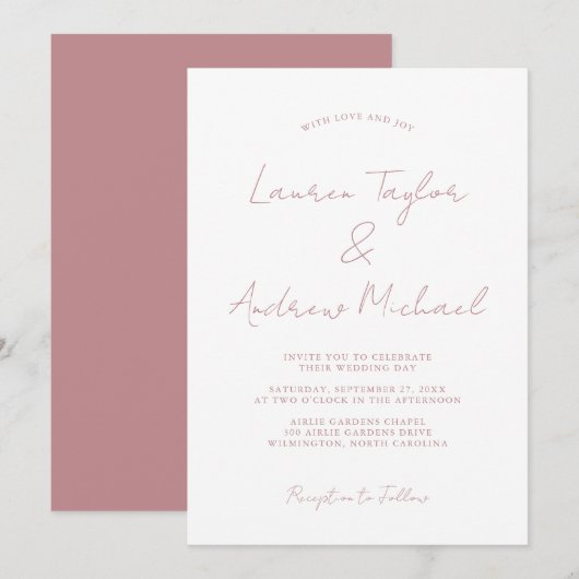 Dusty Rose Romantische Moderne Hochzeit Einladung (Vorne/Hinten)