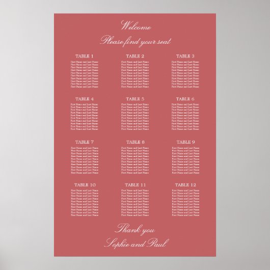 Dusty Rose Rosa 12 Tischplattentabelle Poster (Vorne)