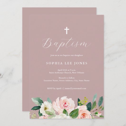 Dusty Rose Rosa Bläsertaufen Einladung (Vorne/Hinten)