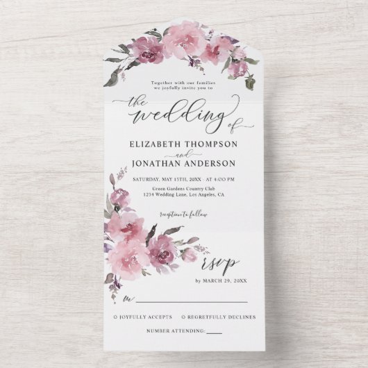 Dusty Rose Rosa Blume Blumenzwiebeldetails UAWG All In One Einladung (Innen Boden)