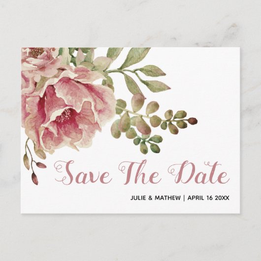 Dusty Rose rosa Blume Hochzeit Save the Date Ankündigungspostkarte (Vorderseite)