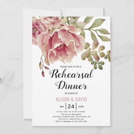 Dusty Rose Rosa Blumenstrauß Hochzeit Probe Dinner Einladung (Vorderseite)