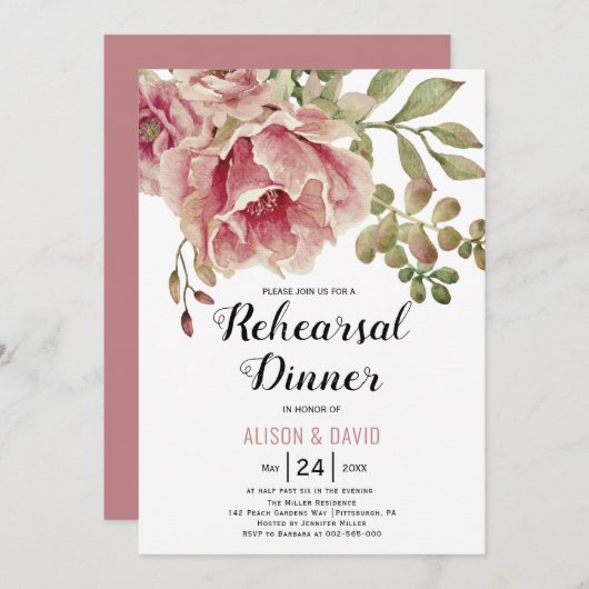 Dusty Rose Rosa Blumenstrauß Hochzeit Probe Dinner Einladung (Vorne/Hinten)