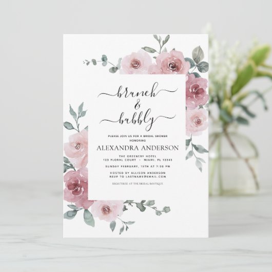 Dusty Rose Rosa Brunch & Bubbly Brautparty Einladung (Stehend Vorderseite)