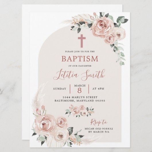 Dusty Rose Rosa Cross Taufe Einladung (Vorne/Hinten)