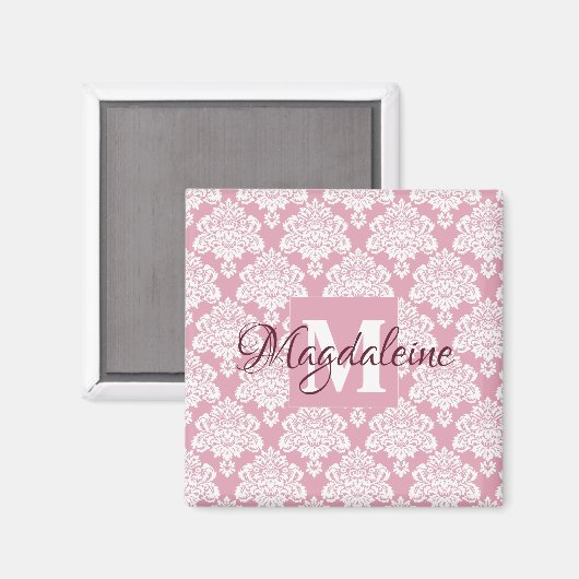 Dusty Rose Rosa Damask Monogram mit Name Magnet (Vorderseite/Rückseite)