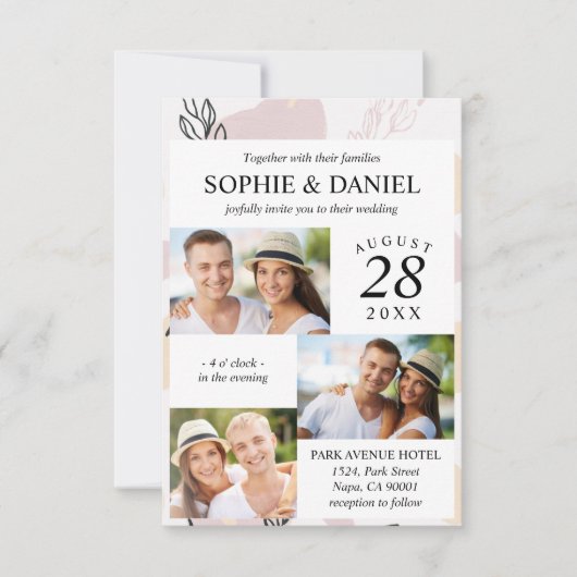 Dusty Rose Rosa Linie Art Abstrakt 3 Foto Hochzeit Einladung (Vorderseite)