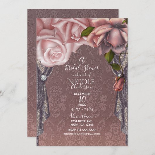 Dusty Rose Rosa Rosen Vintages Brautparty Einladung (Vorne/Hinten)