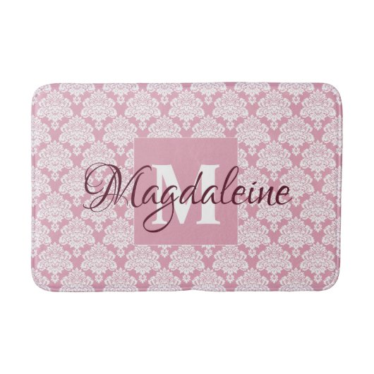 Dusty Rose Rosa Vintag Damask Monogramm und Name Badematte (Vorderseite)