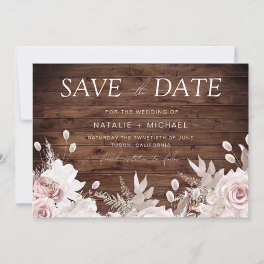 Dusty Rose & Rustic Boho Blues Hochzeit Save The Date (Vorderseite)