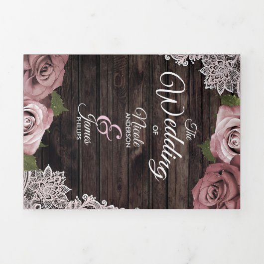 Dusty Rose Rustic Wood Trifold Wedding Programm (Cover)