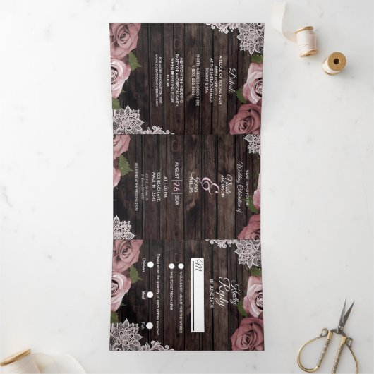 Dusty Rose Rustic Wood Trifold Wedding Programm (Innenseite)