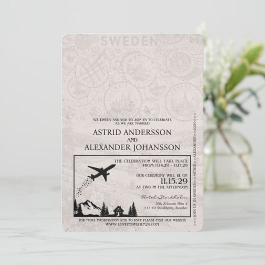 Dusty Rose Schweden Pass Einladung Hochzeit (Stehend Vorderseite)