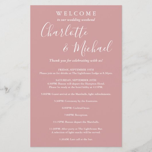 Dusty Rose Script Guest Wedding Weekend Program (Vorderseite)