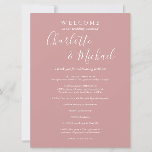 Dusty Rose Script Guest Wedding Weekend Program Einladung (Vorderseite)