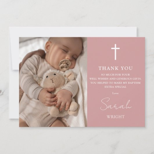 Dusty Rose Script Modernes Foto Taufe Christening Dankeskarte (Vorderseite)