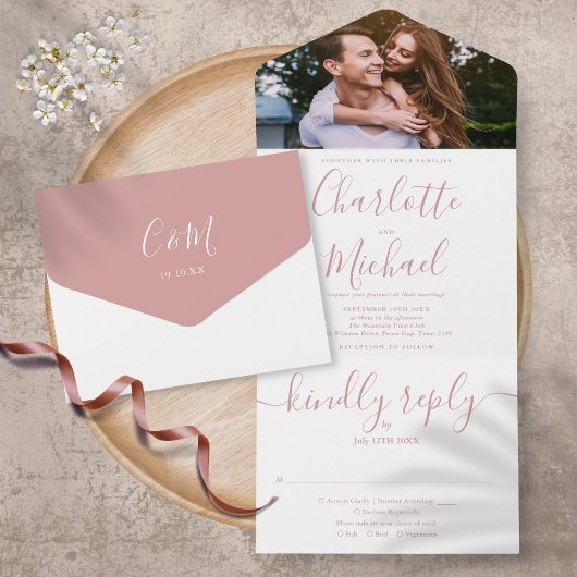 Dusty Rose Script Monogram Foto Wedding All In One Einladung