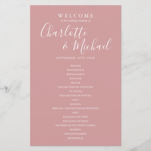 Dusty Rose Signature Script Wedding Programm (Vorderseite)