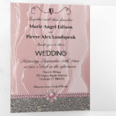 Dusty Rose Silk & Silver Foil & Pearls, Diamond Tr Dreifach Gefaltete Einladung (Innen Erste Seite)