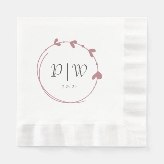 Dusty Rose Simple Heart Wreath Monogram Wedding Serviette (Vorderseite)