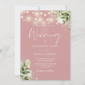 Dusty Rose String Lights Floral Monogram Wedding Einladung (Vorderseite)