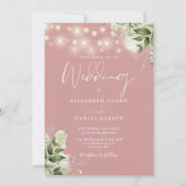 Dusty Rose String Lights Floral QR Code Wedding Einladung (Vorderseite)