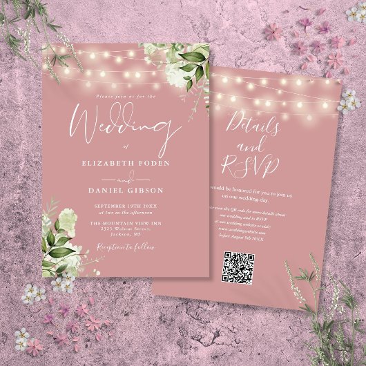 Dusty Rose String Lights Floral QR Code Wedding Einladung