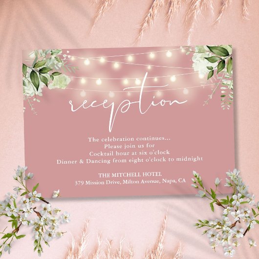 Dusty Rose String Lights Floral Wedding Reception Begleitkarte