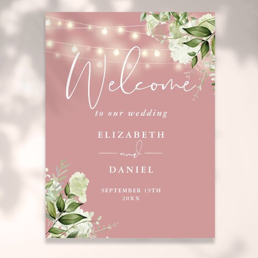 Dusty Rose String Lights Floral Wedding Willkommen Poster