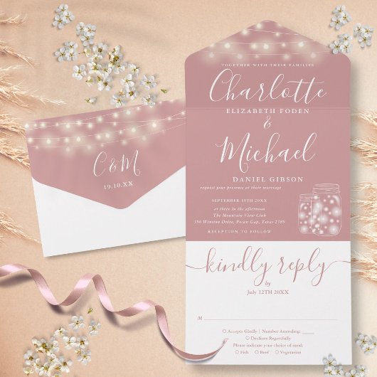 Dusty Rose String Lights Mason Jars Wedding All In One Einladung