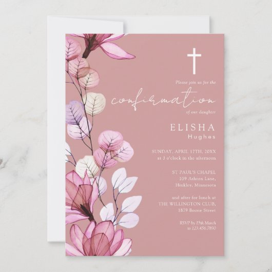 Dusty Rose Transparente Blumenbestätigung Einladung (Vorderseite)