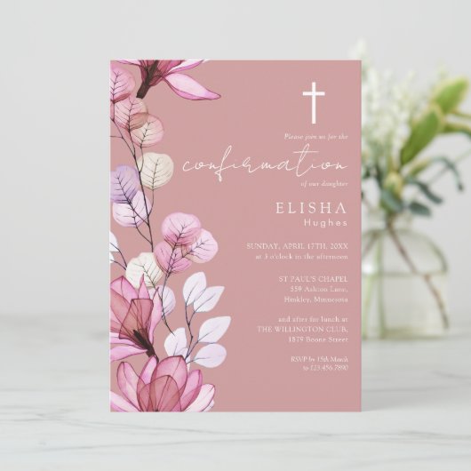 Dusty Rose Transparente Blumenbestätigung Einladung (Stehend Vorderseite)