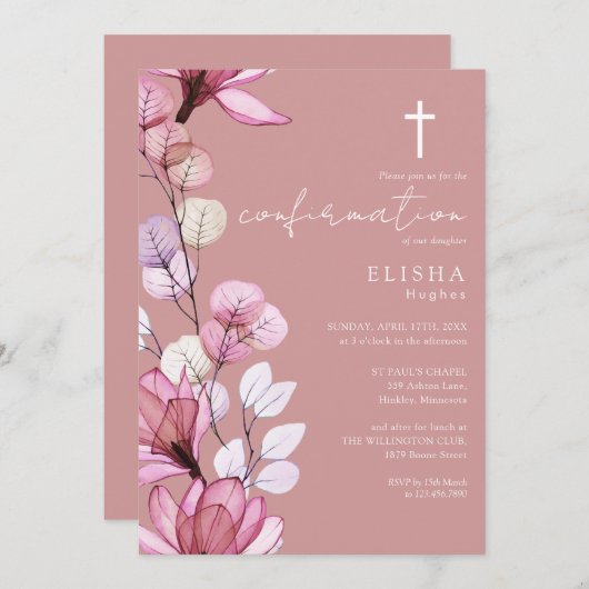 Dusty Rose Transparente Blumenbestätigung Einladung (Vorne/Hinten)