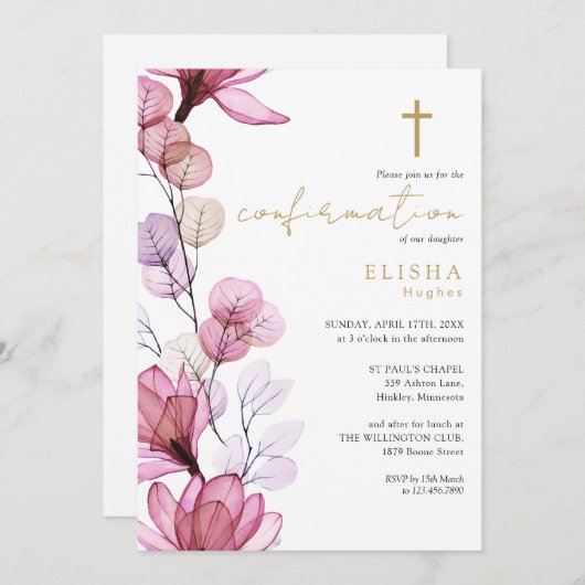 Dusty Rose Transparente Blütengoldenbestätigung Einladung (Vorne/Hinten)