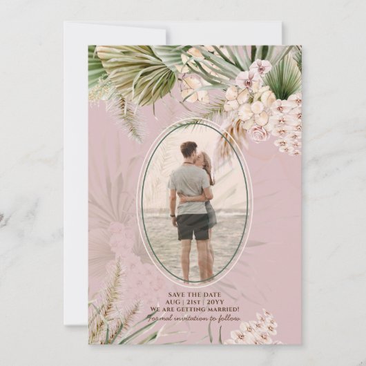 Dusty Rose Tropical Pampas Grass FOTO Hochzeit Sav Save The Date (Vorderseite)