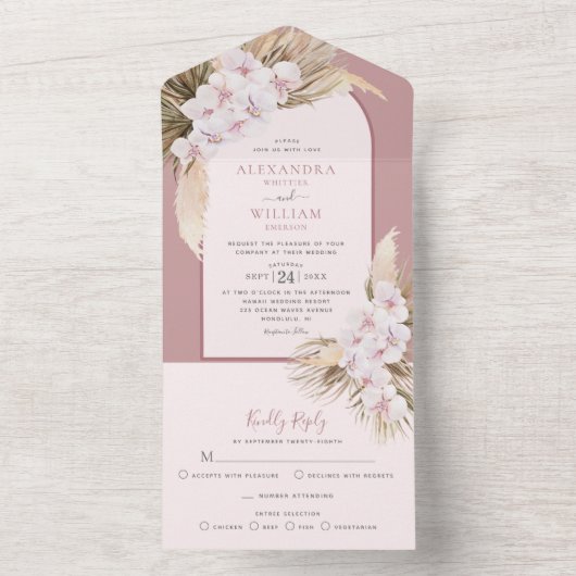 Dusty Rose Tropical Pampas Grass Orchids Hochzeit All In One Einladung (Innen Boden)