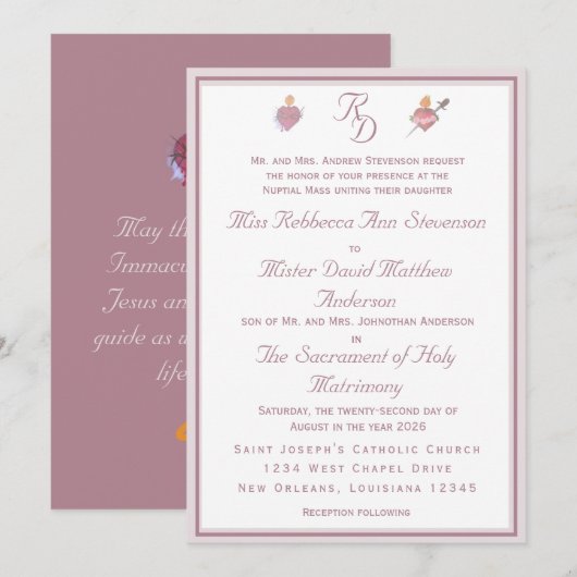 Dusty Rose Two Hearts Catholic Wedding Invitation Einladung (Vorne/Hinten)