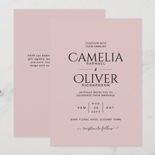 Dusty Rose Typografie nur Hochzeit Einladung (Vorne/Hinten)