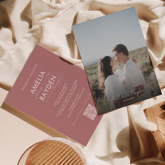 Dusty Rose Typografie Script Foto QR Code Hochzeit Einladung