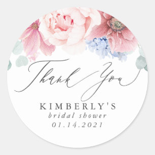 Dusty Rose und Dusty Blue Blumen Danke Runder Aufkleber