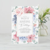 Dusty Rose und Dusty Blue Blumen Elegante Hochzeit Einladung (Stehend Vorderseite)