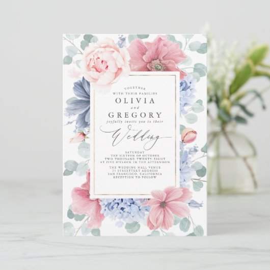 Dusty Rose und Dusty Blue Blumen Elegante Hochzeit Einladung (Stehend Vorderseite)