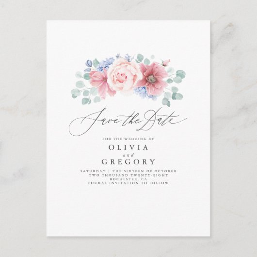 Dusty Rose und Dusty Blue Floral Save the Date Ankündigungspostkarte (Vorderseite)