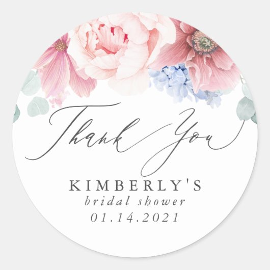 Dusty Rose und Dusty Blue Floral Vielen Dank Runder Aufkleber (Vorderseite)