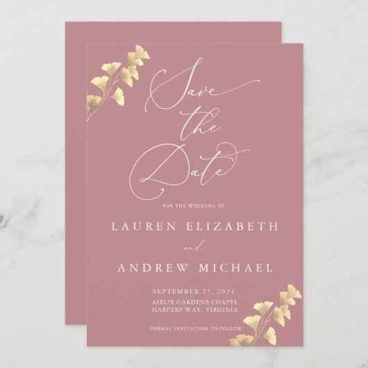 Dusty Rose und Gold Save the Date Einladung (Vorne/Hinten)