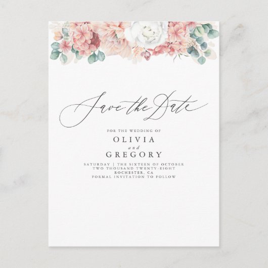 Dusty Rose und Peach Floral Save the Date Ankündigungspostkarte (Vorderseite)