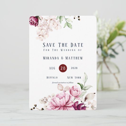 Dusty Rose und Pink Peony speichern die Datumskart Einladung (Stehend Vorderseite)