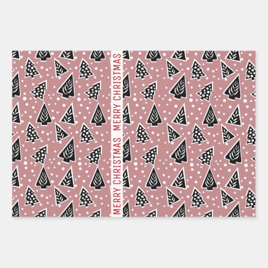 Dusty Rose und schwarz Frohe Weihnachtsbäume Urlau Geschenkpapier Set (Vorderseite)