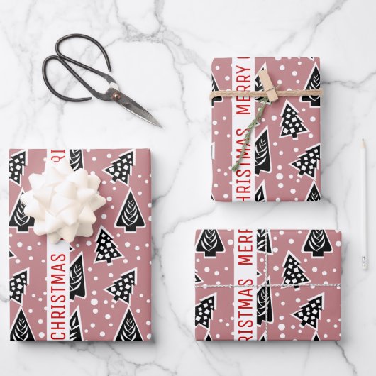 Dusty Rose und schwarz Frohe Weihnachtsbäume Urlau Geschenkpapier Set (Vorderseite)