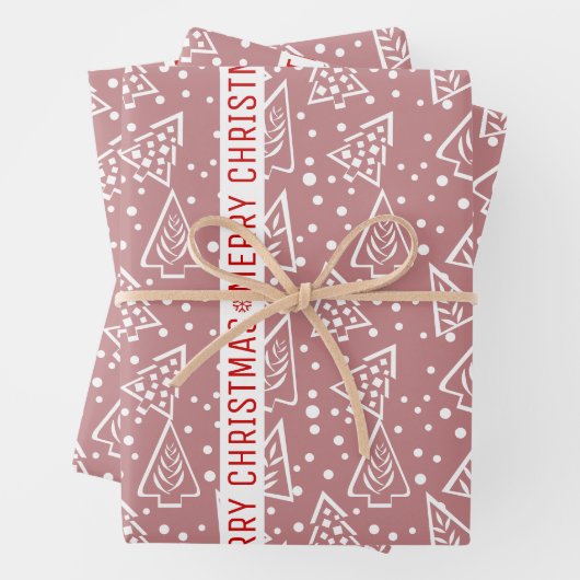 Dusty Rose und weiß Frohe Weihnachtsbäume Urlaub Geschenkpapier Set (Beispiel)